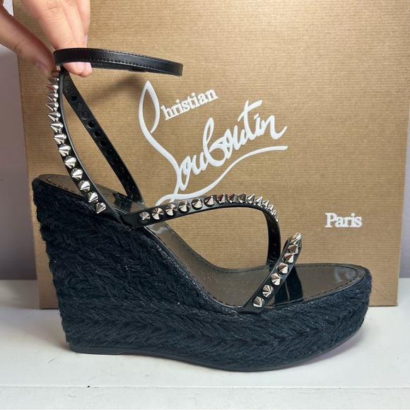 New! CHRISTIAN LOUBOUTIN MAFALDINA ZEPPA WEDGE SANDAL SPIKES BLACK LEATHER SZ 38 - Picture 2 of 15